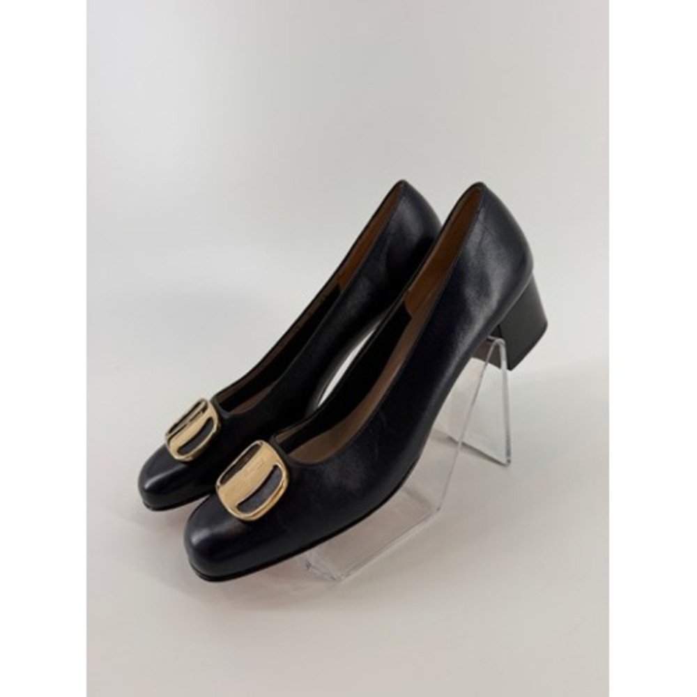 Salvatore Ferragamo Black Leather Heels with Gold Buckle